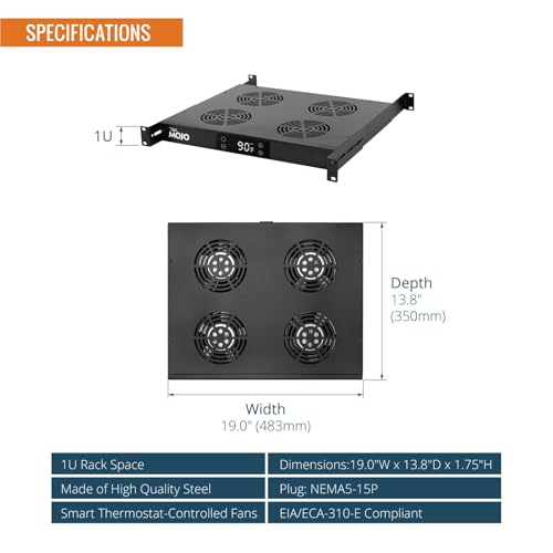 Tecmojo 1U Rack Mount Fans with Thermostat, 4 Fans Cooling System, Adjustable Temperature Control, Adjustable Depth, Digital Heat Monitor Display & Overheat Alarm Sensor – Efficient Airflow Exhaust alternate view