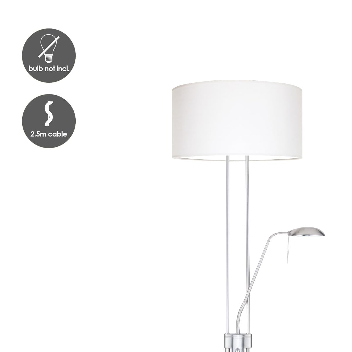 Home Sweet Home Lámpara de pie de techo con luz de lectura regulable – Lámpara de pie para salón blanca, lámpara LED de 170 cm con pantalla de tela, incluye bombillas E27 y G9