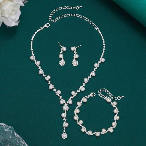 Unicra Silver Pearl Bridal Wedding Jewelry Set Rhinestone Necklace Earrings Bracelet Sets Formal Costume Jewelry for Women and Brides3