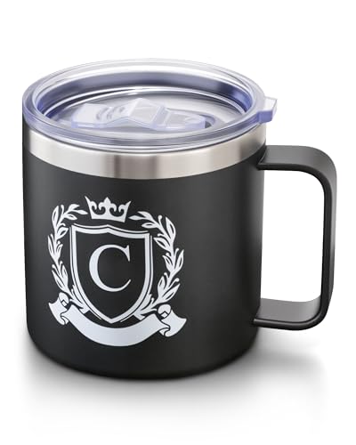 Image of Personalized 14 Oz Initial Insulated Coffee Mug with Lid Travel Large Cup Men Him Boyfriend Bf Fiance Mr 1 One Year First Anniversary Meaningful Romantic Christmas Valentines Custom Day Gifts,C