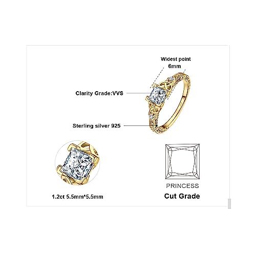 JewelryPalace Vintage Celtic Knot Princess Cut 1.2ct Cubic Zirconia Solitaire Engagement Rings for Women, 14k Yellow Gold Plated 925 Sterling Silver Promise Rings, Simulated Diamond Ring Size 102