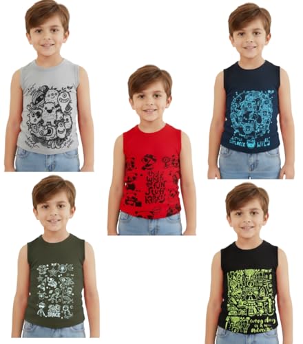 Image of HAP Boys Printed Mega Vest | 100% Cotton Multi Color Tank top |Sleeveless Tshirt | Pack of 5