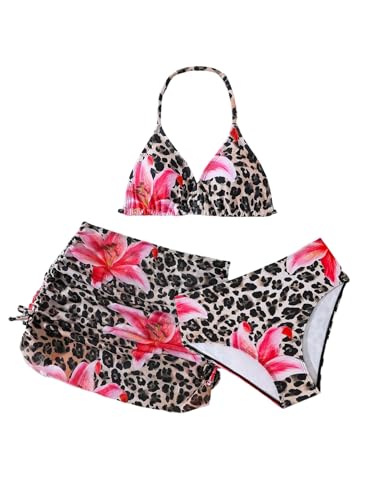 Girl's 3 Piece Leopard Bikini Set Floral Cheetah Halter Triangle Swimsuit with Beach Cover Up Skirt