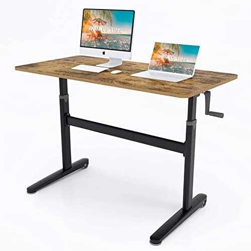 Win Up Time Manual Standing Desk Adjustable Height- Crank Standing Desk 48 x 24 Inches Sit Stand Desk Frame & Top, Stand Up Desk on Wheels, Computer Desk Black Frame & Rustic Brown