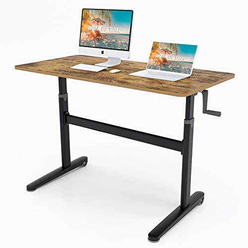 Win Up Time Manual Standing Desk Adjustable Height- Crank Standing Desk 48 X 24 Inches Sit Stand Desk Frame & Top, Stand Up Desk On Wheels, Computer Desk Black Frame & Rustic Brown #TOP1