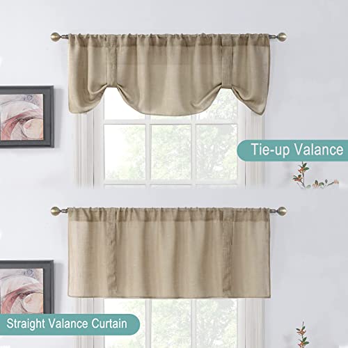 Home Queen Semi Sheer Burlap Tie Up Valances, Super Soft Farmhouse Kitchen Window Treatment For Bedroom And Living Room, 2 Pack, W54 X L20 Inches, Taupe #TOP2