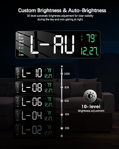 Image of JoFomp Modern 16 inch Large Digital Wall Clock with Remote Control, LED Display, Auto-Dimming, Countdown, Temperature, Calendar - 12 /24Hr Format (Green),Acrylonitrile Butadiene Styrene