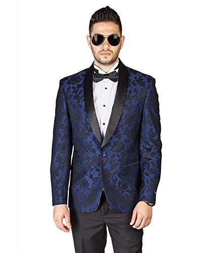 AZAR MAN Slim Fit 1 Button Shawl Lapel Black Satin Collar Floral Tuxedo Dinner Jacket Blazer
