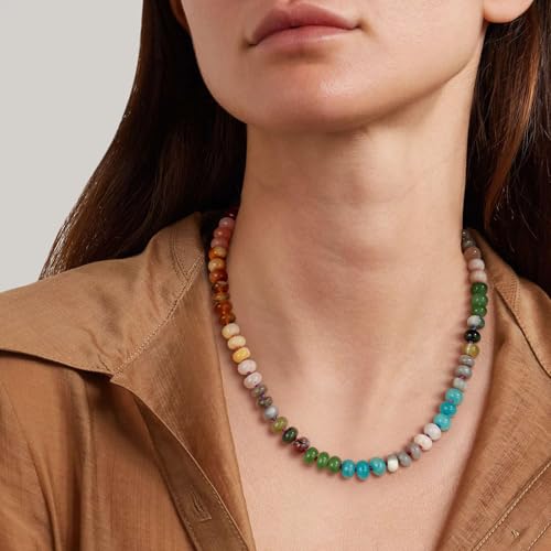 KissYan Beaded Gemstone Necklace for Women, Colorful Boho Bead Choker Natural Stone Surfer Beach Necklaces 14K Gold Plated Summer Handmade Jewelry3