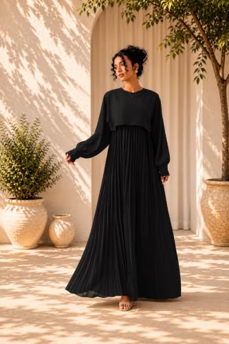 Image of LITZO Women's One Piece Dress - Georgette Solid Color Western Gown | Long Sleeve Round Neck Fit & Flare Flared Hem Design | A-Line Maxi Dress for Women | New Year Party Outfit (NO-17-18)