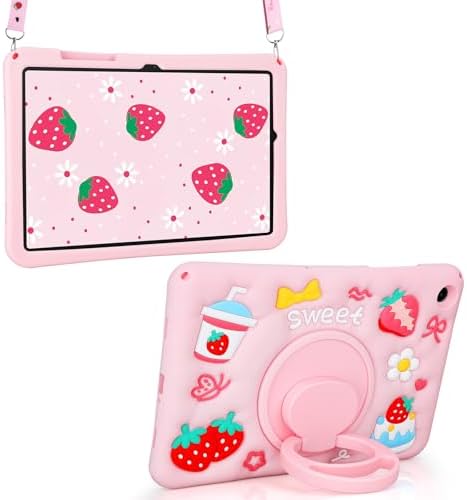 VOFUOE for Samsung Galaxy Tab A9 Plus Case for Kids Girls with Shoulder Straps Stand Sweet Strawberry Yogurt Cake Soft Silicone Protective Cover for Galaxy Tab A9+ 11 Inch 2023-Pink