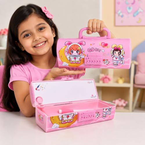 Image of Password Lock Compass Box for Kids, Cute Space Girl Theme Pencil Box with Handle, Large Capacity Stationery Organizer Case for Girls, Multifunctional School Pencil Case, Pink