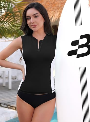 BesserBay Women Zip Front Up Surfing Lap Swimming Rash Guard Shirt Hiking Tank Tankini Style Paddleboarding Sun Top Black M - 3