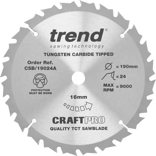 Trend Wood Circular Saw Blade, 190mm Diameter, 16mm Bore, 24 Teeth, 2.6mm Kerf, +15° Hook, TCT, Medium Finish, CSB/19024A