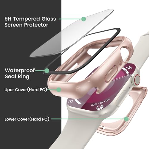 Image of 3 in 1 Goton Waterproof Hard Case for Apple Watch Screen Protector 41mm, 360 Slim Full Protective Tempered Glass Face Cover + Back Hard PC Bumper for iWatch Series 9 /8 /7, 41mm Rose Gold