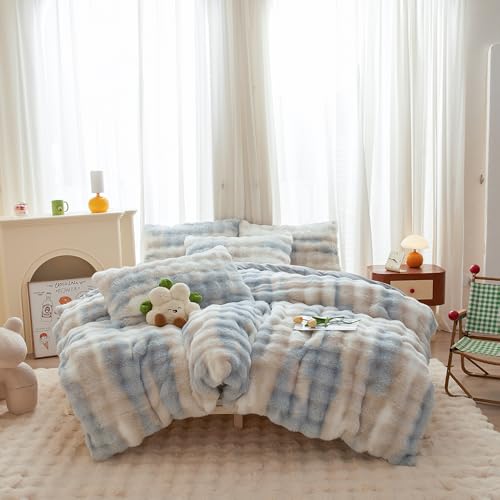 chovy Kids Girls Rabbit Plush Blue White Comforter Sets Queen - 3PC Faux Fur Bed Set Skin Friendly Soft Warm Velvet Flannel Fluffy Fuzzy Bedding（Comforter x 1 Pillowcases x 2）