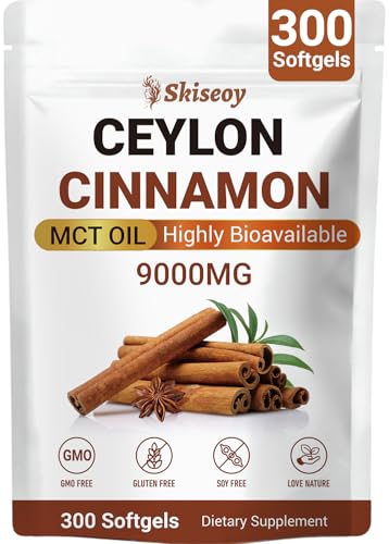 Skiseoy Premium Ceylon Cinnamon Softgels with MCT Oil Energy & Metabolism Support Antioxidant Boost Highly Bioavailable Herbal Extract Non-GMO & Gluten-Free Vegan Friendly 300 Softgels