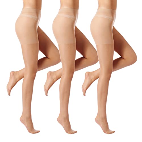 ZIHUA 3 pares de pantimedias con control de barriga para mujer, 20 denier Control Top Sexy Sheer Nude Tights para mujer, paquete de regalo, (Nude, M)