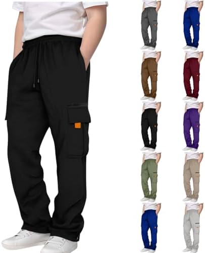 Cargo Sweatpants for Boys Elastic Waist Drawstring Casual Sweat Pants Baggy Wide Leg Athletic Joggers with Pockets