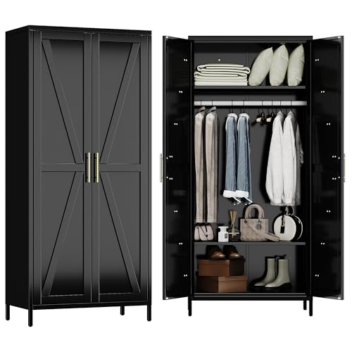 Image of Aobabo 2 Door Metal Wardrobe Cabinet with Hanging Rod, Metal Wardrobe Closet with 2 Adjustable Shelves, Storage Lockers for Home,Office,Installation Required, Black