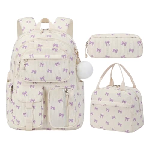 3Pcs Corduroy Backpack for Women, Kawaii Rucksack with Lunch Bag and Stationery Box, Large Capacity Book Bag with Printed Pattern, Personalized Stylish Daypack Bag for Travel, Commuting