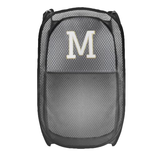 Image of Collapsible Pop Up Laundry Hamper, Extra Large with Removable Initial Letter M, Mesh Foldable Laundry Basket, 28 inch x 16 inch x 16 inch (Black)