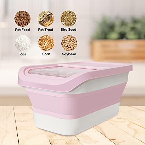 Ddmommy Collapsible Dog Food Storage Container, 10-13 Lb Large Pet Cat Food Containers Bin With Lids, Foldable Kitchen Cereal Rice Storage Bin With Measuring Cup And Silicone Bowl (Pink) #TOP6
