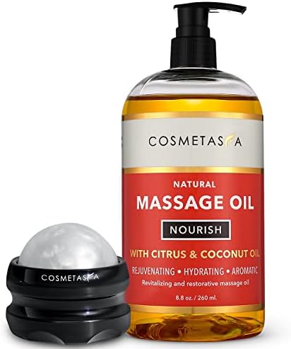Natural Nourishing Massage Oil with Massage Roller Ball- Coconut & Citrus- Non Greasy, with Therapeutic Rejuvenating, Hydrating & Aromatic Essential Oils for Dry Skin, Soothes Muscles & Joints 8.8 oz