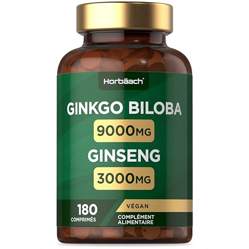 Ginkgo Biloba Ginseng | Haute résistance | Ginkgo 9000 mg et Racine de Ginseng Coréen 3000 mg | 180 comprimés végétaliens | Horbaach