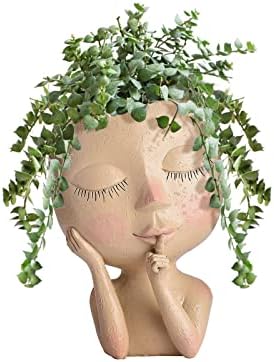 Unique Face Flower Pot for Indoor Outdoor Plants, Cute Succulent Planter Resin Head Planter with Drainage Hole, (Light Brown)
