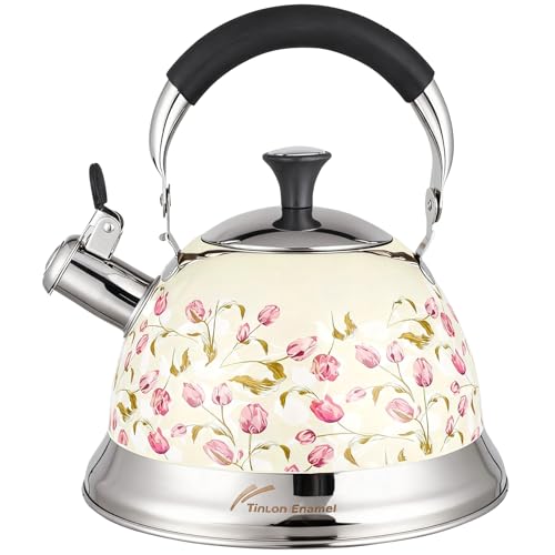 Tinlon Enamel Tea Kettle 3.1QT Whistling Stovetop Teapot Folding Handle