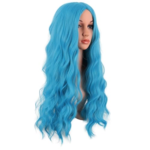 Image of MapofBeauty 28 Inch /70 cm Long Wavy Middle Part with No Bangs Synthetic Fiber Curly Fashion Women Party Cosplay Wig (Cyan Blue)