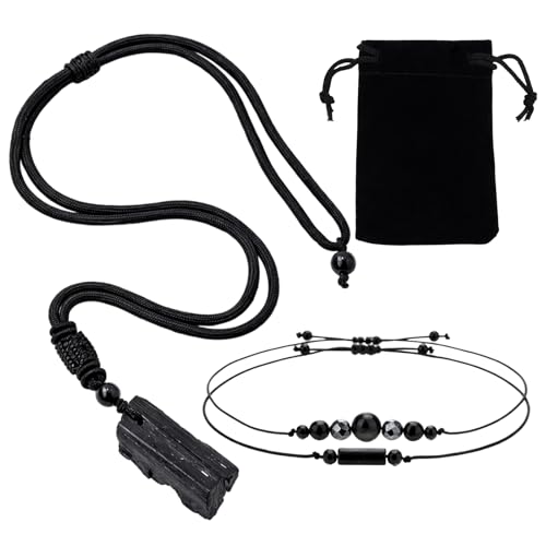 BrKern Turmalin Kette Schwarzer Turmalin Heilstein Echter Turmalin Anhänger Mit Zwei Armbandern Schutzenergie Schmuck Für Meditation Und Alltag 15 * 10 Cm Größe Im Baumwollbeutel