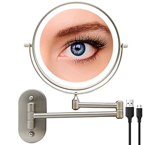 Rechargeable Lighted Makeup Mirror Wall Mount, 8” Double Side 1X 10X Magnifying Makeup Mirror with Light, Extendable Vanity Mirror with 3 Color Modes, Touch Screen Dimming Bathroom Mirror