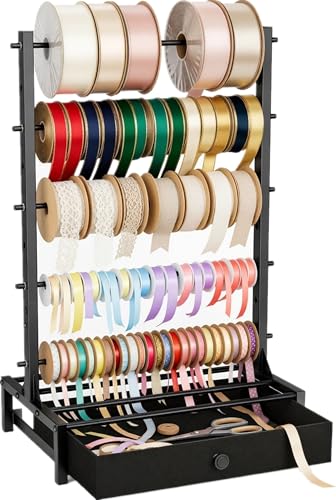 TIPSYTREE Ribbon Organizer with Fabric Drawer Adjustable 5-Tier Ribbon Holder Large Capacity Stable Ribbon Storage Rack for Craft Room Gift Wrapping & Florist Supplies