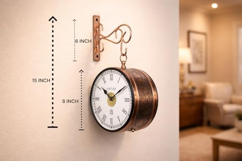Image of Handcrafted Double Side Metal Analog Vintage Wall Clock | 1.5 Year Machine Warranty | 8 INCHES | 1 Side Number 1 Side Roman,Color Copper
