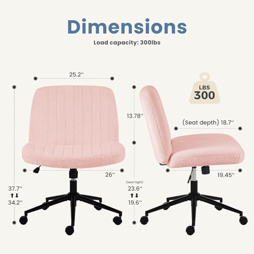 Image of DUMOS Criss Cross Chair with Wheels, Cross Legged Office Chair Armless Wide Desk Chair with Dual-Purpose Base, Adjustable Swivel Teddy Fabric Task Vanity Home Office Desk Chair, Pink