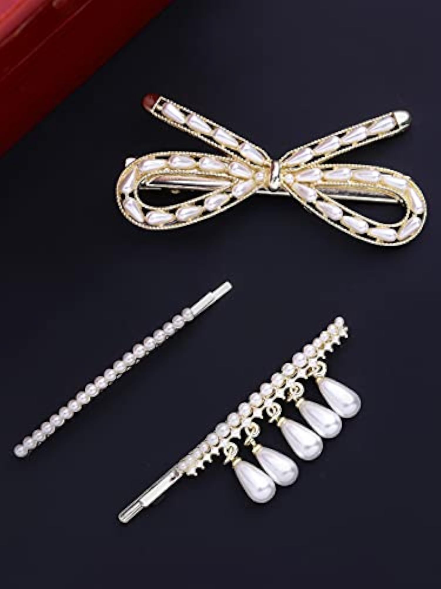 3pc Stylish Bow Tie Pearl Hair Pin Bobby Clips