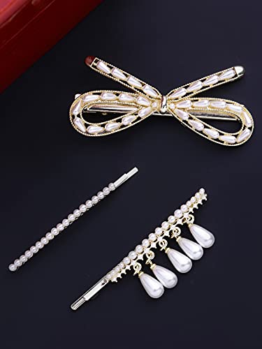 3pc Stylish Bow Tie Pearl Hair Pin Bobby Clips