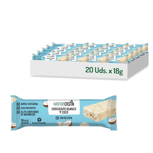NATURCESTA - Pack de 20 Unidades de 18 g de Barrita de Arroz Con Chocolate Blanco y Coco - Sin Gluten - Aptas para Veganos