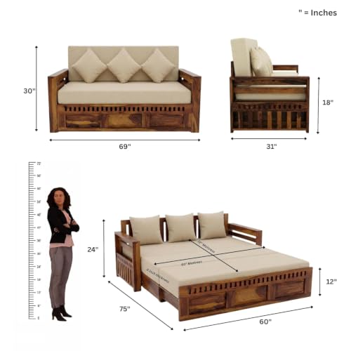 Image of SONA ART & CRAFTS Kuber Sheesham Wood Sofa Cum Bed with Bedside | 3 Seater with Storage and Side Pockets for Living Room Organizer Furniture Sofa Bed Home, Bedroom (Natural Finish)