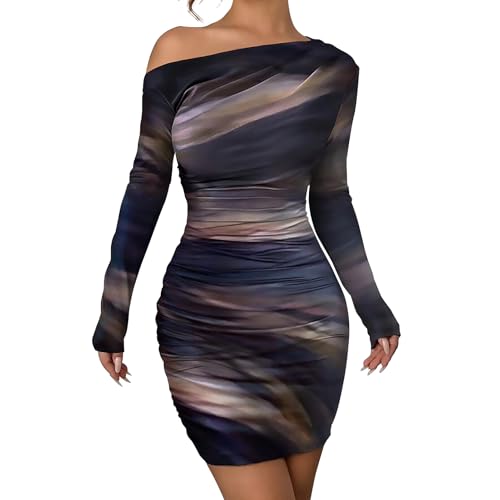 Image of Women's Long Sleeve Bodycon Mini Dress Tie Dye Print Slim Fit Asymmetrical Neck Elegant Formal Ruched Short Dresses