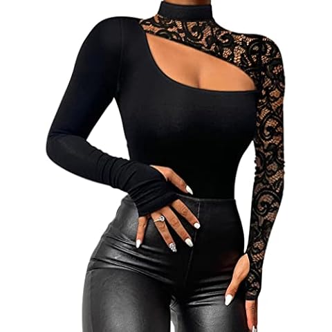 Minetom Damen Pullover Gerippt Slim Fit Dünn Pulli Sexy Schulterfrei Langarmshirt Basic Oberteile Spitze Tunika Tops A Schwarz 06 L Cover