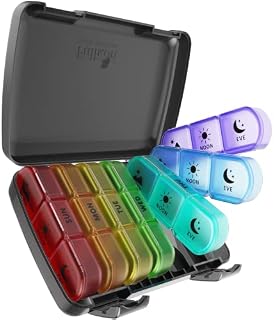 Fullicon Travel Pill Organiser 7 day 3 times, Weekly Pill Box Organiser with Large Compartment, Daily Medicine Storage Box for Medication, Vitamin, Supplement and Fish Oil Supplements (Rainbow)