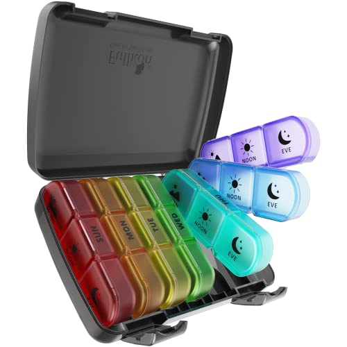 Fullicon Weekly Pill Organizer 3 Times a Day 7 Day Pill Box Case Large Compartments Morning Noon Evening Pill Case Pill Dispenser Supplement Holder for Pills/Vitamin/Fish Oil/Supplements - Rainbow