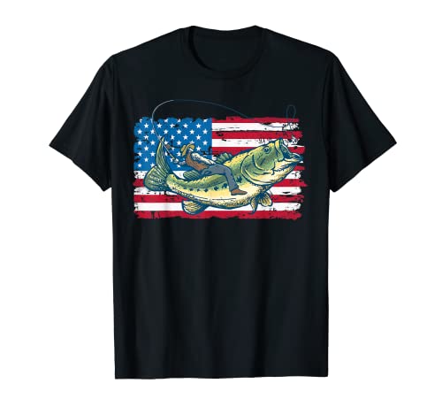 Fishing American Flag Vintage Funny Rodeo Bass Fisherman USA Camiseta