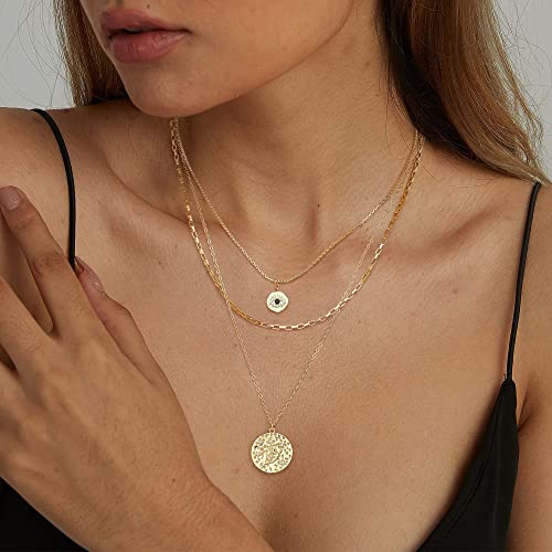 Paffartt Layered Necklaces For Women,14K Gold Evil Eye Necklace Birth Flower Necklace Set Gold Chain Choker Necklace Engraved Disc Coin Pendant Personalized Gifts For Women Teen Girls (May-Lily) #TOP1