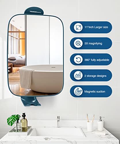 Touchbeauty 3X Shower Mirrors For Shaving With Razor Holder, Heldhand & 360 Degree Swivel, Larger Size 11" Blue Bathroom Accessories For Men #TOP1