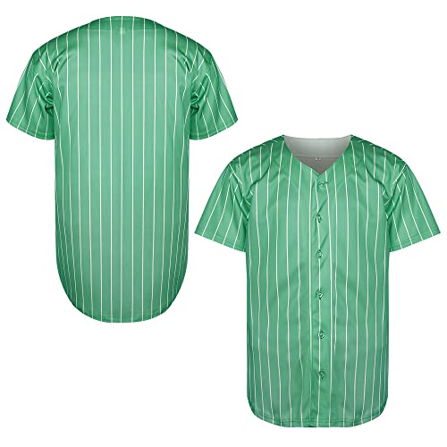 Camiseta de béisbol hipster hip hop para hombre, manga corta, botones, blanco negro rojo gris S-3XL (Rayas verdes, pequeño)
