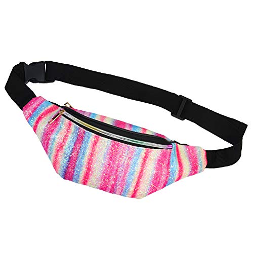 Basumee Kids Fanny Pack for Girls Glitter Fanny Pack Shiny Waist Bag for Kids Sports with Adjustable Belt, Rainbow Pink
